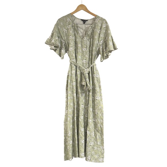 Maggy London Dress‎ Green White Floral Linen Blend 8 Tie V-Neck Cottagecore Boho - Picture 1 of 15